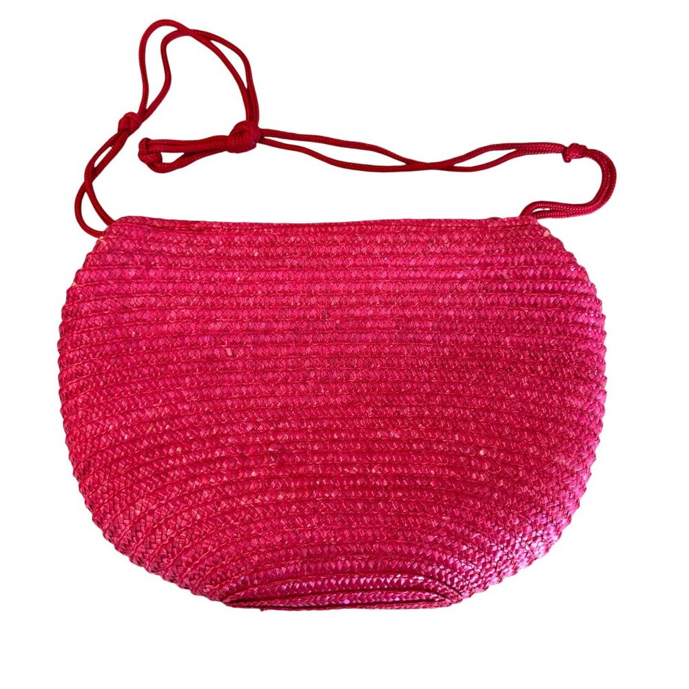 Pink Straw Woven Crossbody Purse Boho Indie Adjustable Strap Zipper Closure Bag - Picture 4 of 6